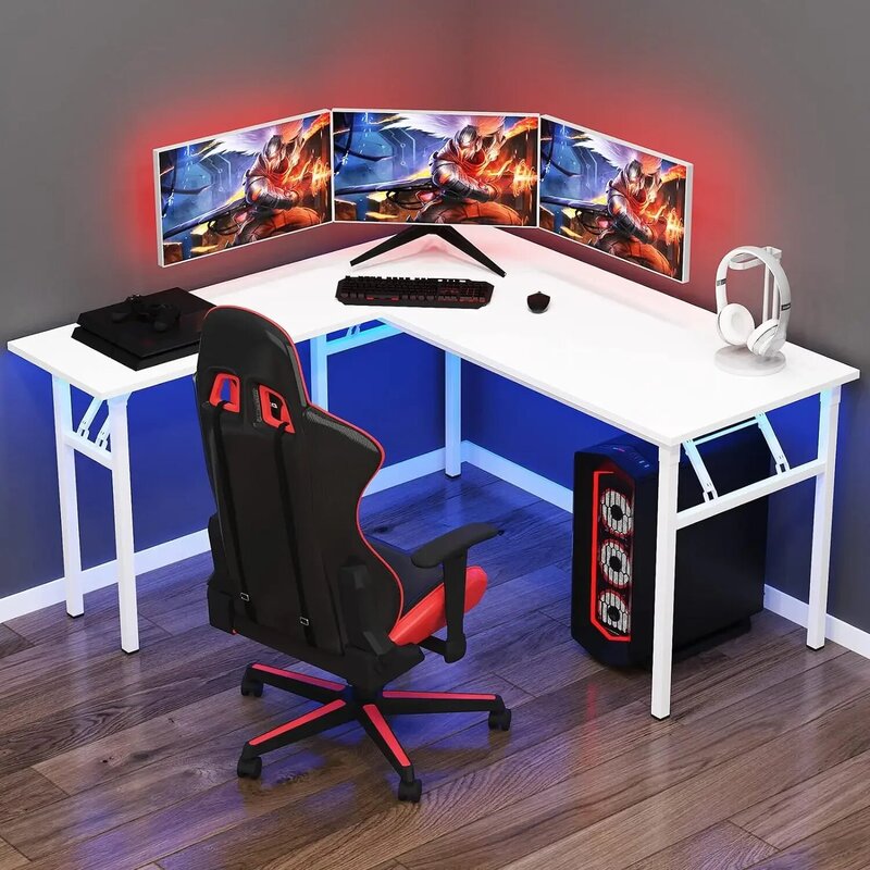 L Shaped Desk, Folding Computer Desk, 55 inches x 55 inches L Desk for Home Office, One-Step Assembly Foldable Table, White