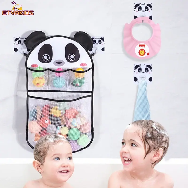 Organizador de juguetes de baño multifunción transparente con dibujos animados, bolsa de juego con 2 ganchos de piezas, malla de baño para bebé, productos de ducha suspendidos, nuevo