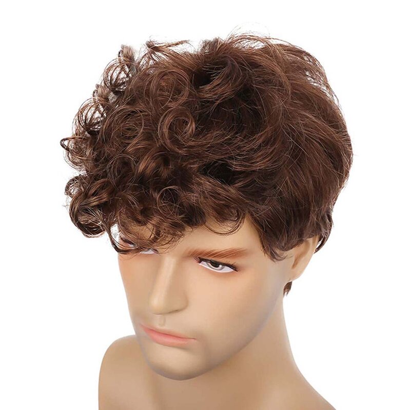 Men Short Synthetic Curly Brown Wigs With Side Bangs Breathable Blonde Fake Hair for Male Daily Cosplay Wig Heat Resistant