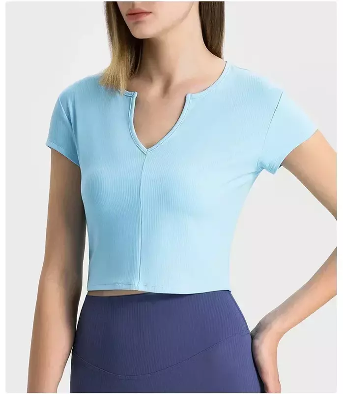 레몬 여성 의류 체육관 요가 스포츠 셔츠, 운동복 야외 반팔 티셔츠, 골지 원단 V-넥 풀오버, 얇은 허리 탑