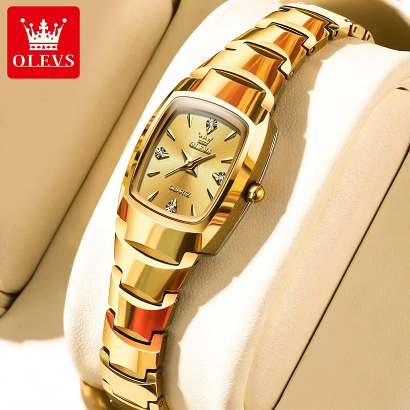 OLEVS jam tangan baja Tungsten wanita, arloji Quartz kalender emas mewah tahan air untuk perempuan