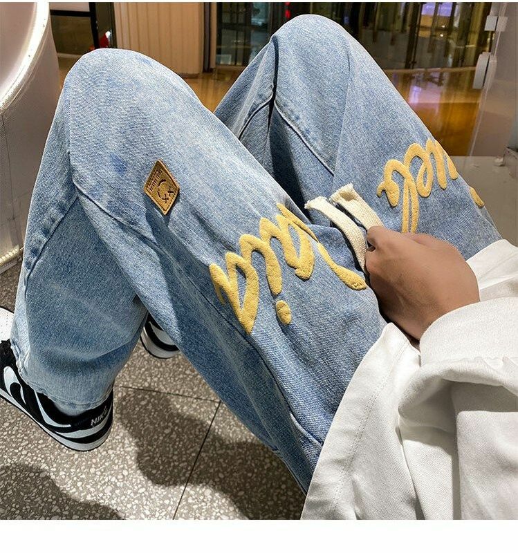 Nieuwe Bestseller High Street Foam Brief Print Jeans Amerikaanse Hiphop Streetwear Retro Losse Rechte Grote Y2k Mannen Baggy Broek