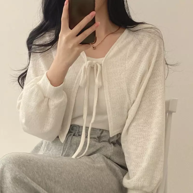 Thin White Cardigan Women Summer Sunscreen Lace-up Knitwear Tops Lady Korean Style Casual Lantern Sleeve Short Sun Protected Top