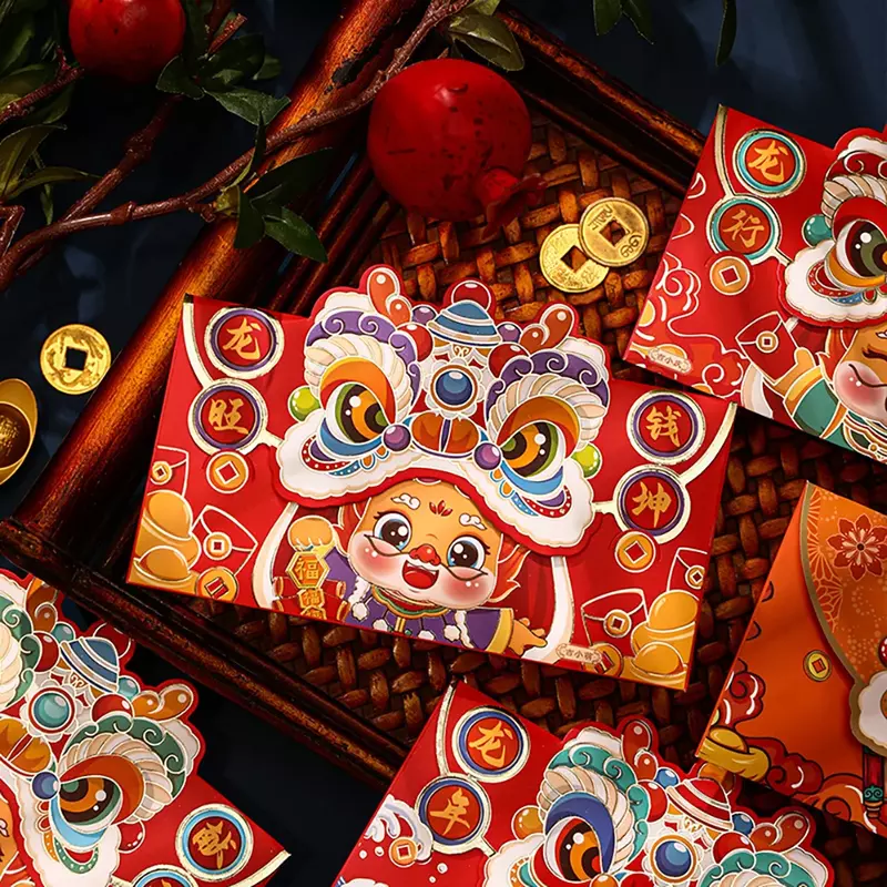 ซองแดงลายมังกรตรุษจีน4ชิ้นซองแดงสำหรับเทศกาลฤดูใบไม้ผลิงานปาร์ตี้ซองจดหมายการ์ตูนจีน