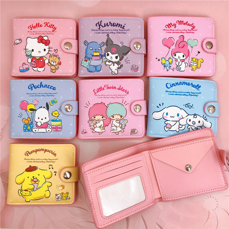 Kawaii Hello Kitty Cinnamoroll My Melody Kuromi Sanurgente PU Casual Money Bag, Coin Purse, Card Holder Wallet with Buttons, New
