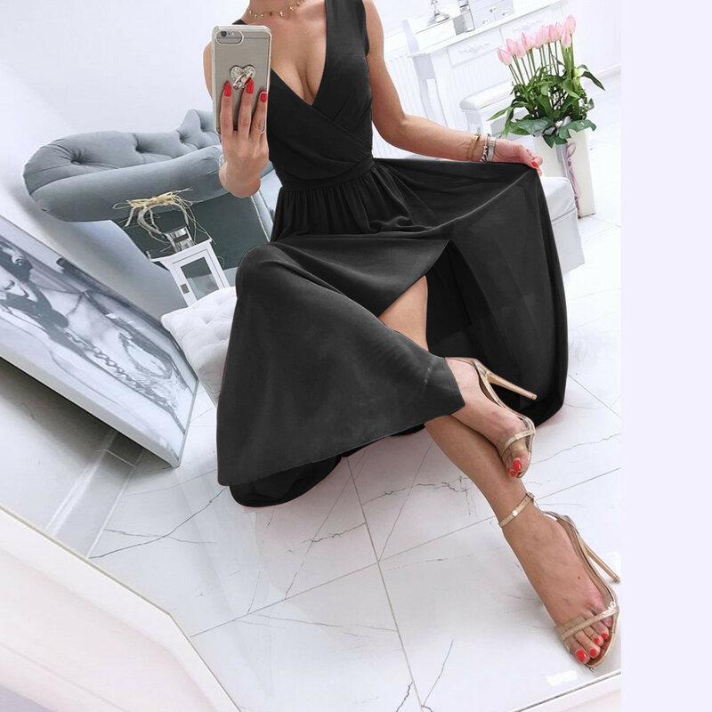 Women's Dresses Summer Pleated  V Neck Sleeveless Side Slit Long Maxi Casual Chiffon A Line Dress Flowy Gown Party Dresses