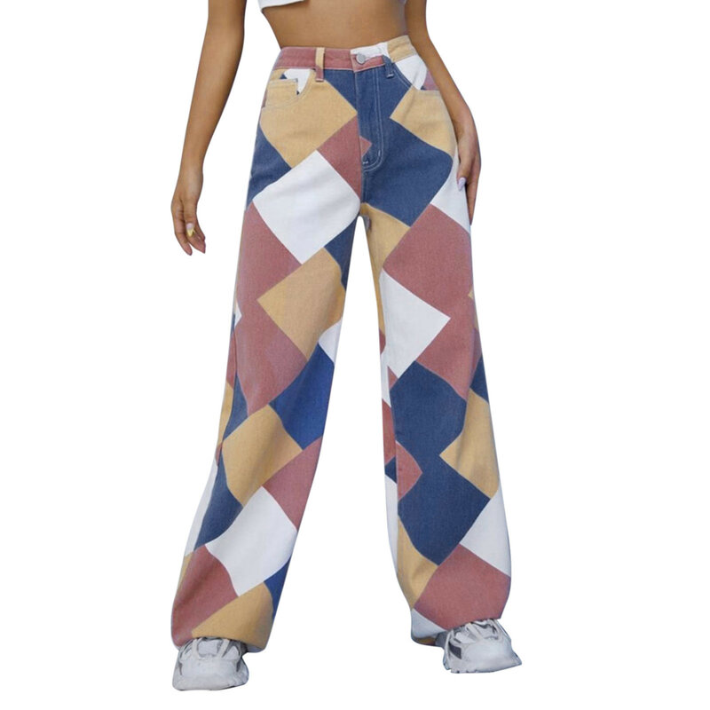 2024 женские брюки с рисунком разных цветов со швами, прямые длинные брюки с рисунком в клетку, свободные и облегающие широкие брюки