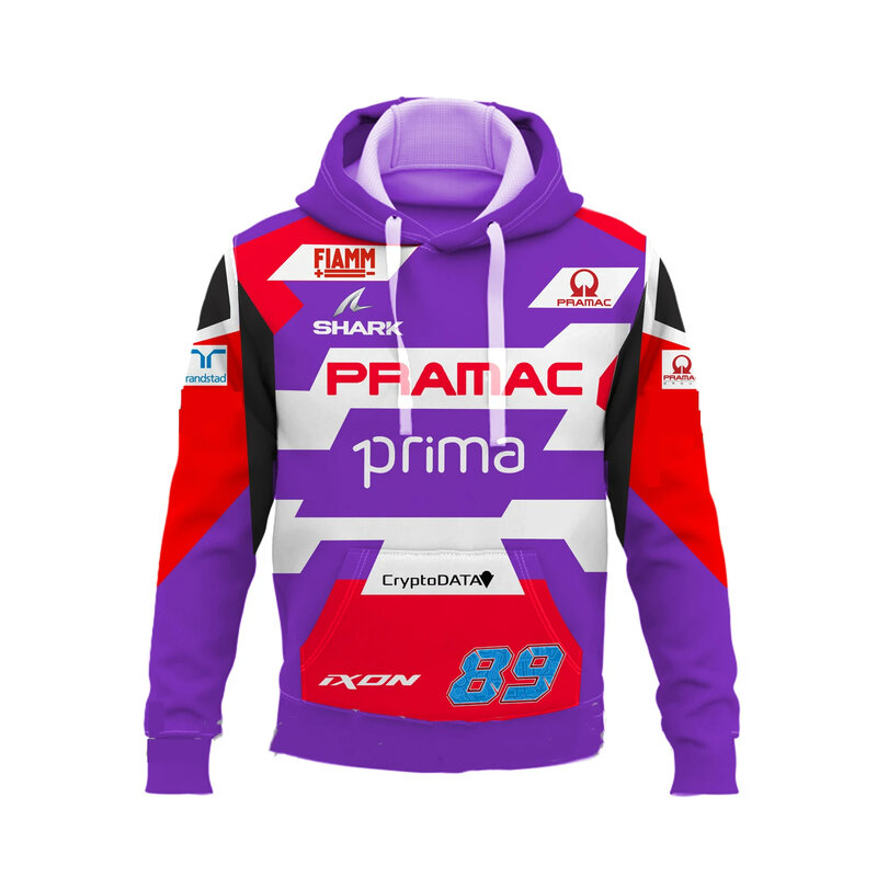 Sweatshirt bertudung balap motor Musim Semi dan Musim Gugur 2024 tim PRAMAC ungu Fashion #89 pakaian pembalap 100-6XL