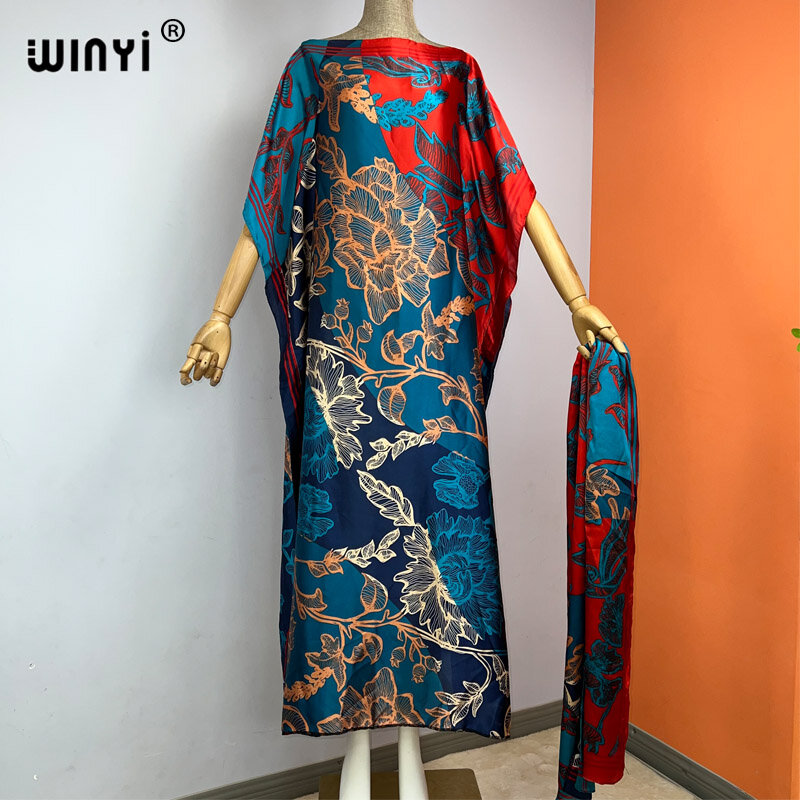 WINYI-Robe de soirée élégante pour femme, caftan surdimensionné, imprimé africain, avec ceinture, nouvelle collection