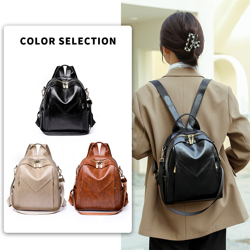 Tas selempang kasual kulit PU wanita, tas punggung tas sekolah warna polos bepergian kecil wanita