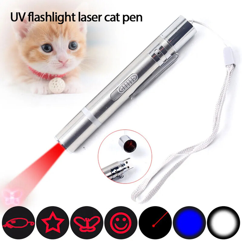 ตัวชี้เลเซอร์ไฟ LED สีแดงของเล่นแมวสำหรับสุนัขในร่มระยะไกล5โหมดเพลย์เพนโปรเจคเตอร์เลเซอร์ชาร์จ USB ได้