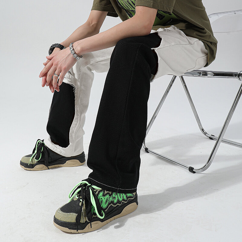 Джинсы FEWQ мужские прямые свободные, повседневные брюки из денима в американском стиле, с широкими штанинами, в стиле пэчворк, контрастных цветов, 24X9005, весна