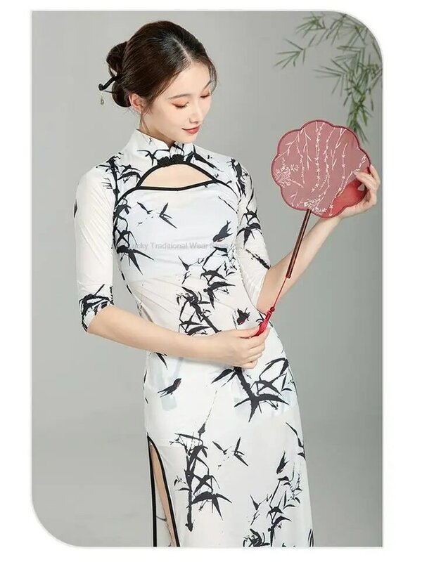 Chinese Classical Dance Modified Cheongsam Vintage Style Practice Performance Uniform Quartered Sleeves Dress Split Qipao Dress