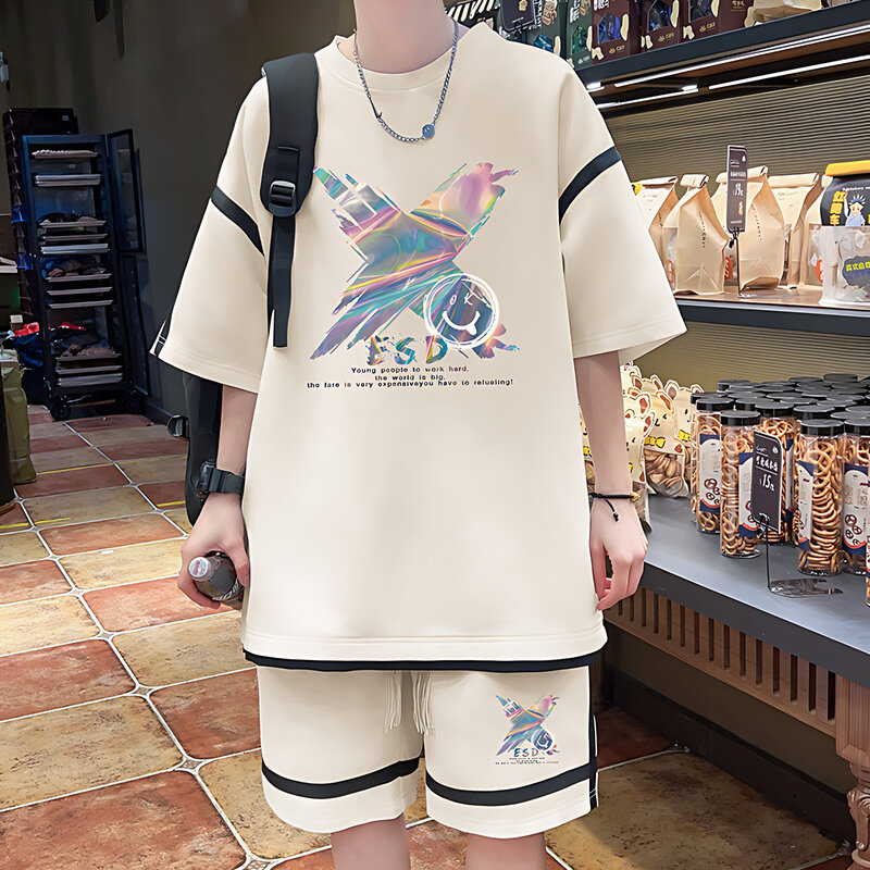 Новый летний мужской костюм с футболкой с коротким рукавом Модный свободный спортивный костюм в Корейском стиле с принтом надписи улыбающегося лица