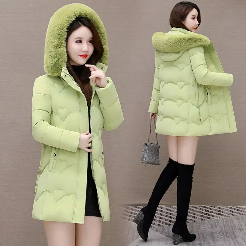 2023 Winter Women Long Sleeve Large Fur Collar Zipper Hooded Parkas Female Mid Length Thick Warm Cotton Padded Jacket Coat
