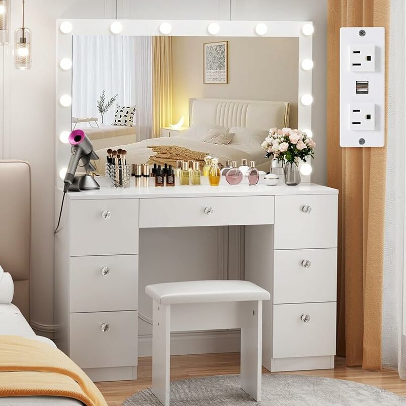 Próżność z podświetlonym lusterkiem-biurko do makijażu z lustrem, listwa sieciowa i szufladami, toaletka z kolorowym tryby oświetlenia