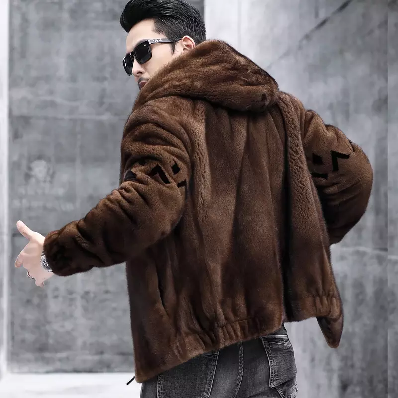 Цельная норковая куртка для мужчин, зимняя новая куртка из натурального коричневого меха норки, Короткая Меховая одежда с капюшоном, мужские пальто