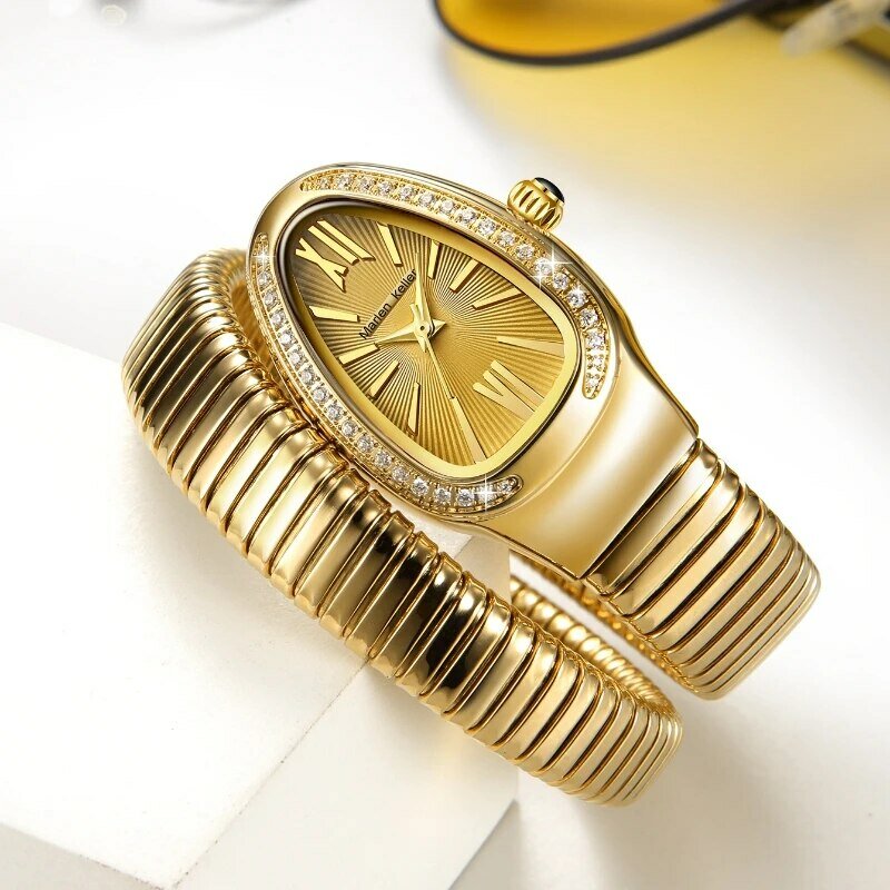 Relógio quartzo feminino com diamantes, em forma de cobra, europeu e americano, popular, nova moda