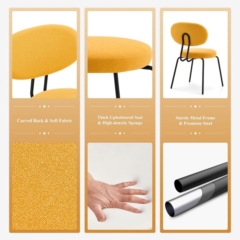 Nowoczesne krzesła do jadalni z tkaniny, zestaw 2 krzeseł kuchennych do pokoju dziennego z zakrzywionym oparciem, okrągłe siedzisko, czarne metalowe nogi, żółte