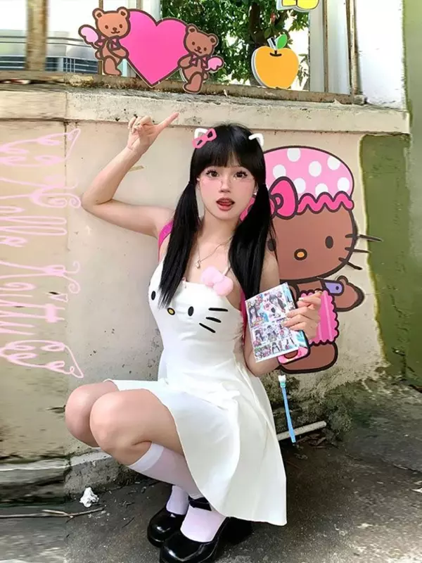 HOUZHOU-Vestido branco kawaii feminino, bordado japonês com rosto de gato Y2K, mini vestido bonito com cinta de espaguete, patchwork, anime vestido de verão, mulheres