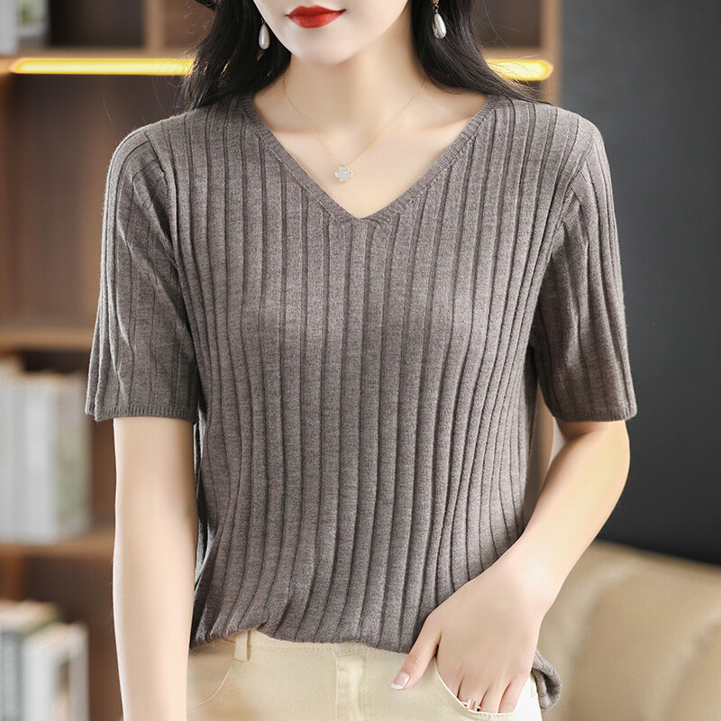 V-neck Knitted Short-Sleeved T-Shirt Women's Sweater Pullover Western-Style Bottoming Simple Solid Color All-Match Short Summer
