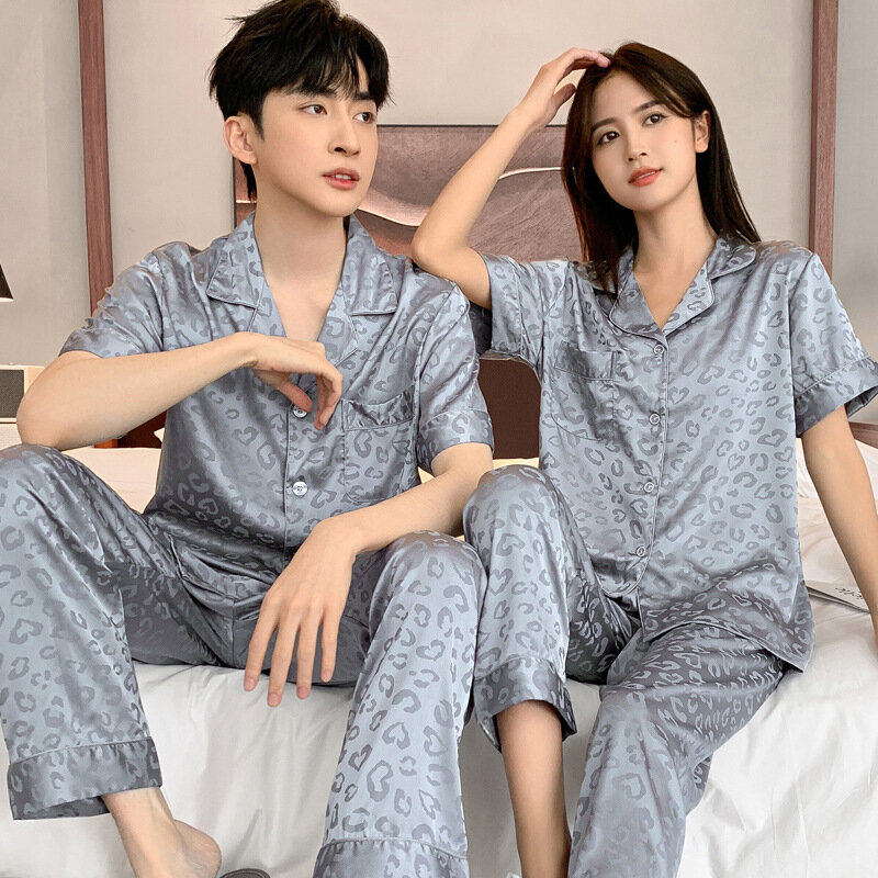 Traje de pijama de seda de hielo para hombre y mujer, ropa de dormir de manga corta, de alta calidad, para primavera y otoño