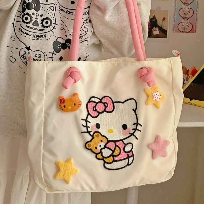 MBTI Hello Kitty Tote Bag da donna ricamo Nylon borsa a tracolla simpatico cartone animato di grande capacità borsa da viaggio Casual da viaggio per pendolari