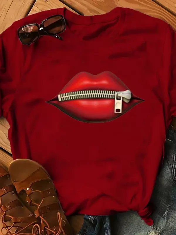 Camiseta feminina de manga curta com estampa labial, Tops soltos com gola O, roupas com zíper