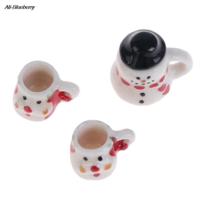 Juego de tazas y ollas de cerámica de Navidad en miniatura para casa de muñecas 1:12, taza de té y café para muñecas
