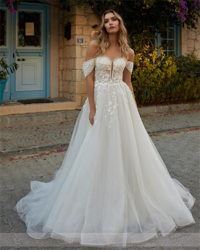 Elegant Boat Collar Applique Lace Wedding Dress Tulle A-line Sleeveless Court Wedding Gowns for Bridal robe de mariée