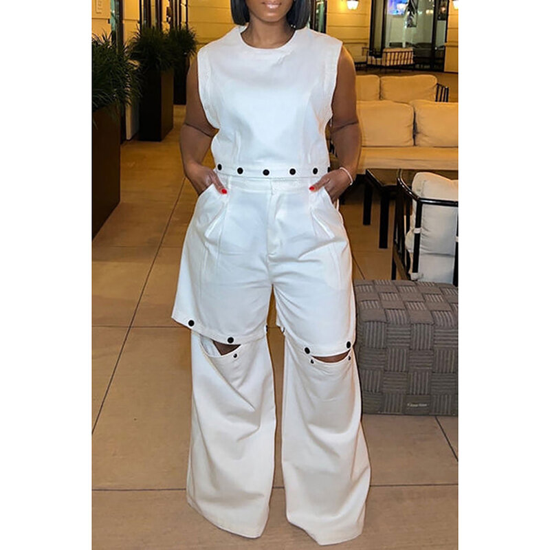 Plus Size Casual Pant Set White Round Neck Detachable Two Piece Pant Set With Pocket