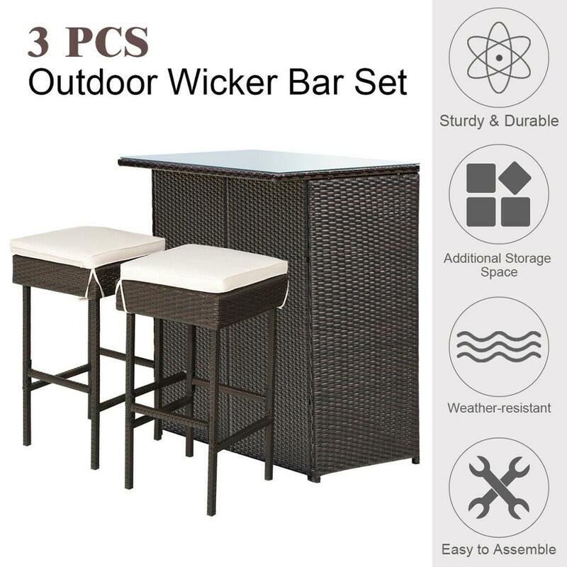 3PCS Terrasse Rattan Wicker Bar Tisch Hocker Esszimmer Set Gepolsterte Stühle Garten HW62380