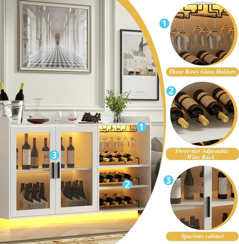 Wine Bar Cabinet w/LED Lights,Floating Coffee Bar w/ Glass Rack,Modern Buffet Sideboard w/ Doors & Storage Shelves, White