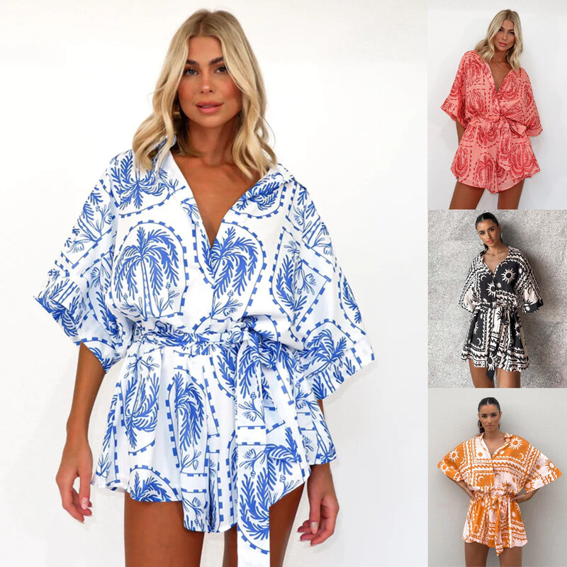 2024 Fashion Print Jumpsuits Shorts Summer Women Rompers V-neck Casual Beach Jumpsuit Leace-up Bodysuits Streetwear One Pieces