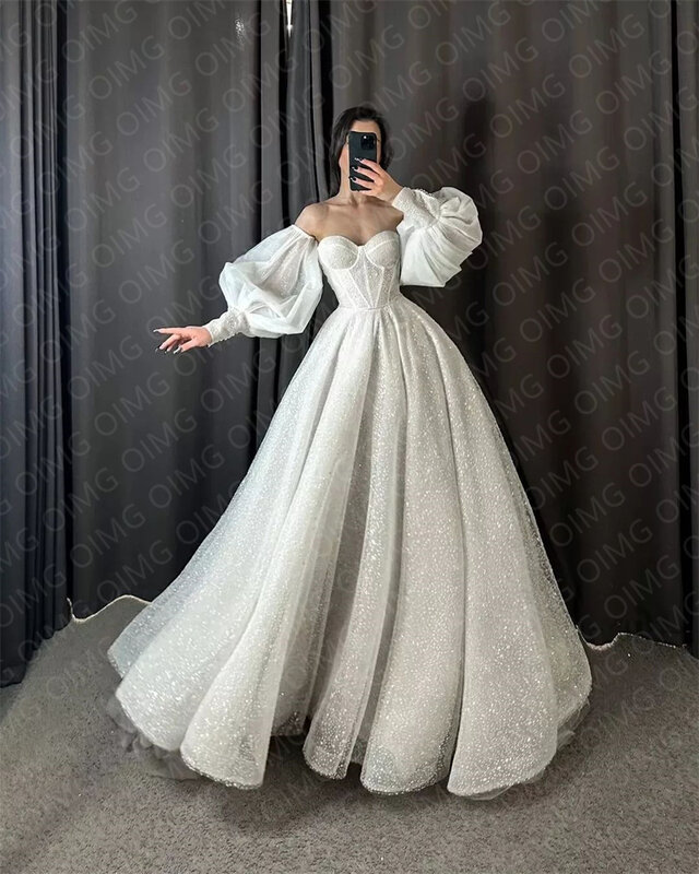 Oimg Vintage volle Ärmel Glitzer Brautkleider Kleider glänzend lange eine Linie formale Pricness Braut Brautkleid Kleid Vestidos