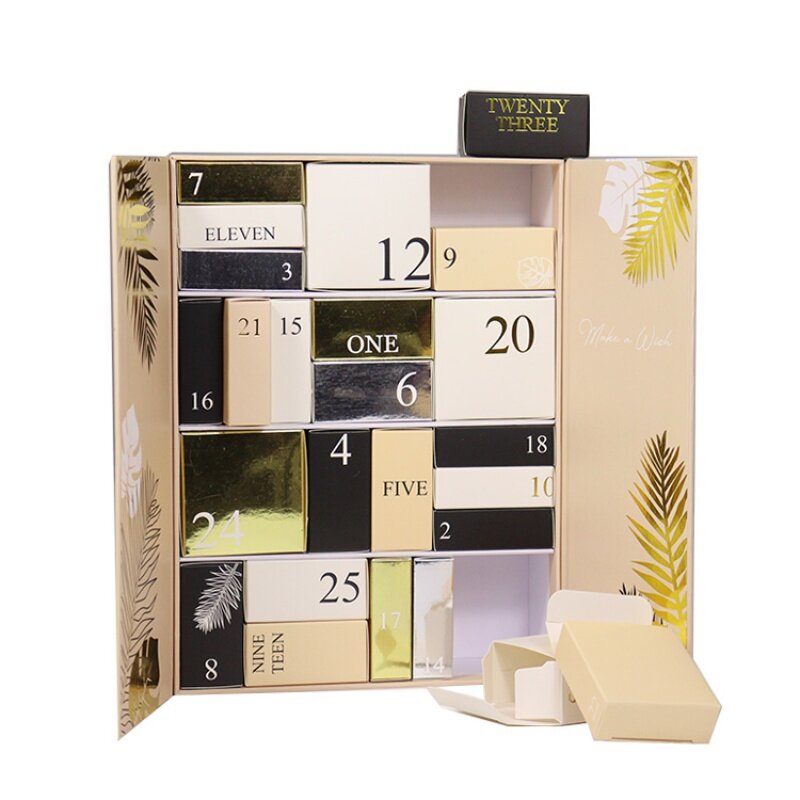 Prodotto personalizzato 24 calendario dell'avvento scatola di cartone scatola di imballaggio per gioielli con fogli per stampa a caldo con nastro