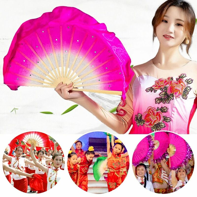 Chinese Short Bellydance Fan 30cm Bamboo+10cm Half Circle Silk Veil Pairs Yangko Dance Bamboo Fans Hand Dye Adults Hot Sell