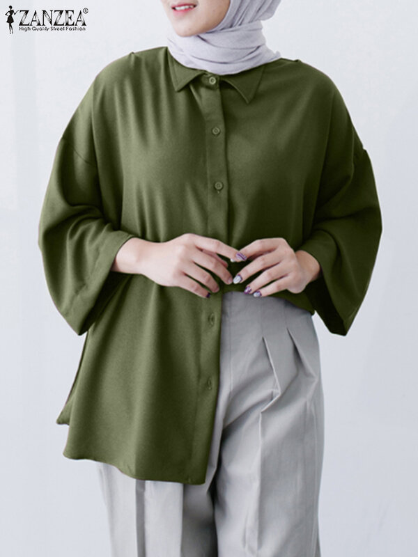 Klasyczna solidna dubajska turcja Abaya topy 2023 ZANZEA damska muzułmańska koszula jesienna dekolt z klapami bluzka z długim rękawem luźne bluzki