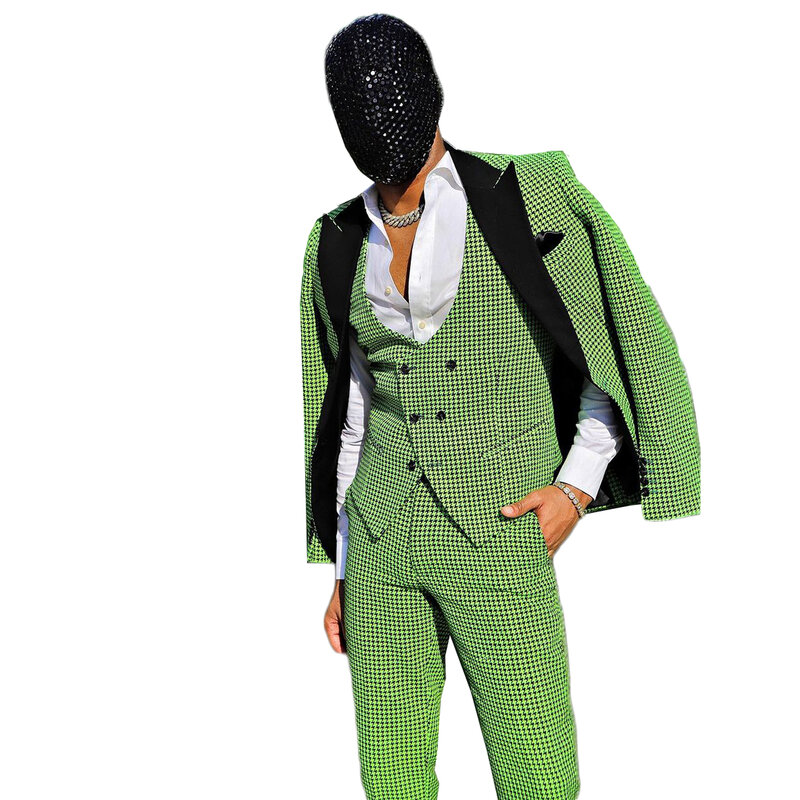 Green Fashion Men's Suits Peak Lapel Tuxedos For Wedding Evening Party Slim Fit 3 Pcs Jacket Pants And Vest Custom Made