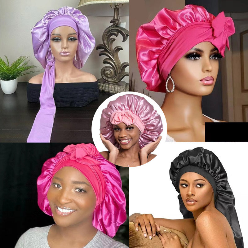 Satynowa czapka jedwabna maska do włosów Bonnet z Logo dostosuj noc śpiące włosy Bonnets czepek prysznicowy z owinięciem dla kobiet naturalne włosy