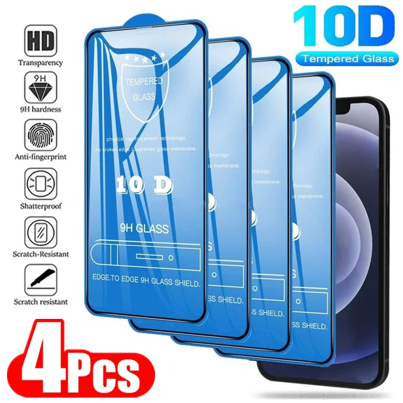 Protetor de Tela de Vidro Temperado para iPhone, Capa Completa, iPhone 13 Pro, XR, X, XS, 15, 11, 12, 14 Pro Max, Mini, 7, 8 Plus, 10D, PCes 4