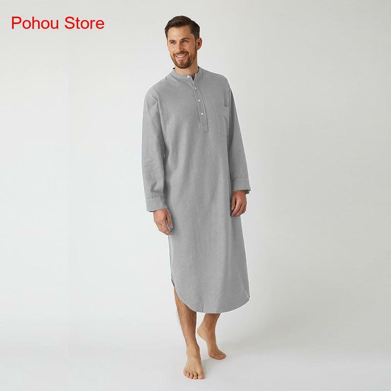 Spring and Autumn Muslim Arab Nightgown Long Sleeved Button Solid Color Shirt Long Robe for Men