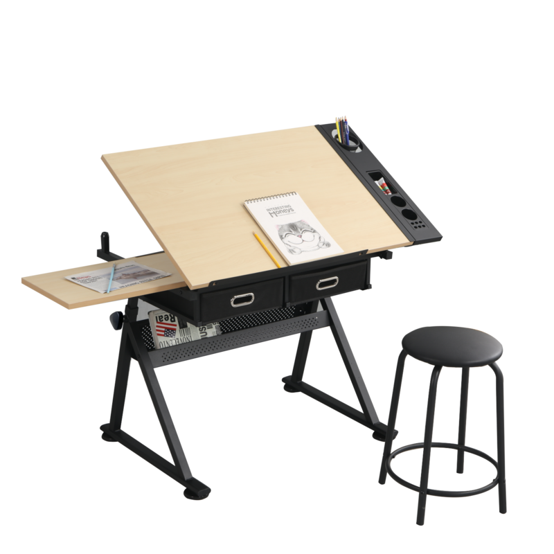 Table à dessin réglable et robuste, bureau avec deux tiroirs spacieux pour le bureau à domicile et l'école, complet avec un sto confortable