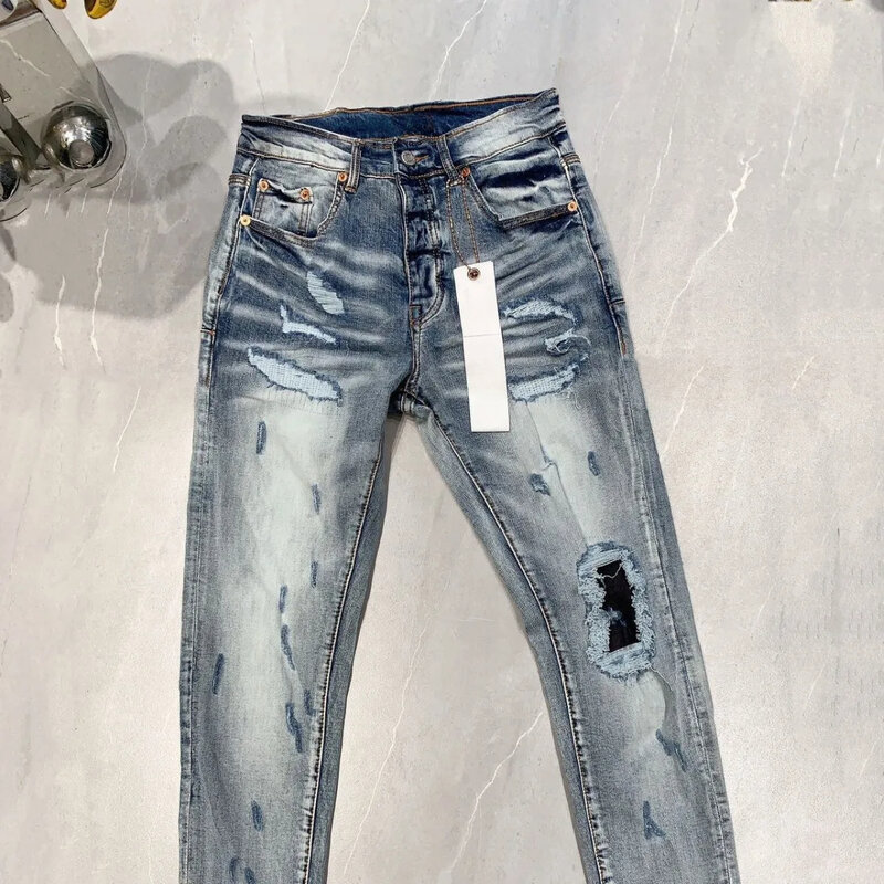 Purple ROCA Brand jeans denim pants with fashion high quality repair low raise skinny denim patches 1:1 28-40 size pants
