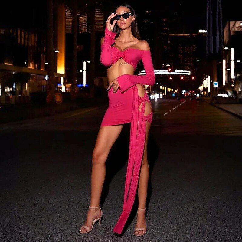 Hot Pink Women Prom Dress Sexy 2 Pieces Top Bra+Short Party Gown With Strap Full Sleeve Sheath Slim Fit Club Streetwear Robes