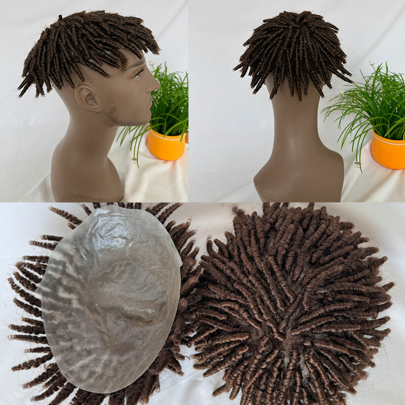 Men's Hair Afro Curly Toupee Wigs Brown Braids Hairpiece 100% Human Hair Replacement Toupee For African American 10x8 Base Size