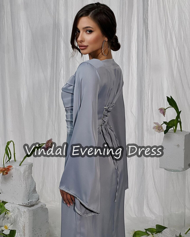 Vindal kwadratowy dekolt suknia wieczorowa satynowa linia do kostek elegancki wbudowany biustonosz saudyjski arabski długie rękawy dla kobiet 2024