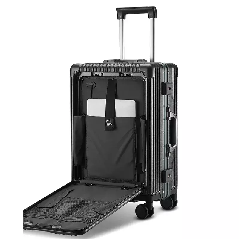 20 Zoll Koffer Front öffnung Aluminium rahmen Roll gepäck Rotator USB-Getränke halter Telefon halter Reiß verschluss Stil Koffer