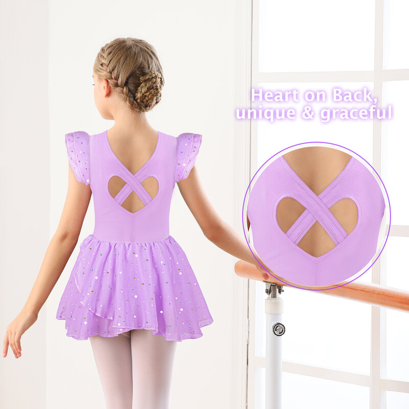 Girls Ballet Leotards for Dance Hollow Crisscross Back Short Sleeve, Shiny Skirt