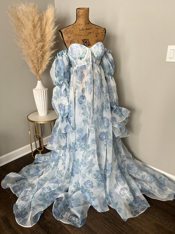 Blue Flower Printed Maternity Dress for Photoshoot Baby Shower Gown Fluffy Organza Pregnancy Robe with Cute Outfit#18507